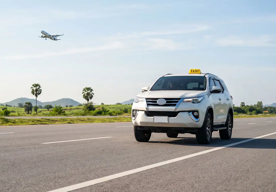 รถแท็กซี่ SUV มีป้ายไฟ TAXI บนมอเตอร์เวย์ไปพัทยา มีเครื่องบินกำลังไต่ระดับ